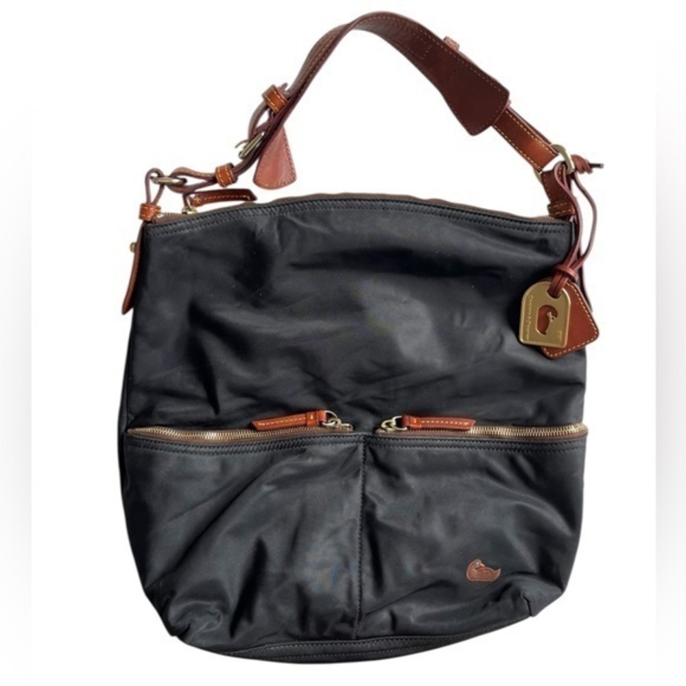 Dooney & Bourke Black Tote with Brown Leather and Gold Tag